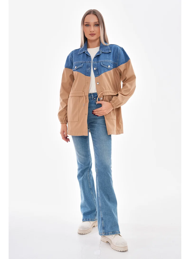 Marvella By Rasha BEIGE Two-Tone Jacket with Denim Detail for Women | Best Price UAE